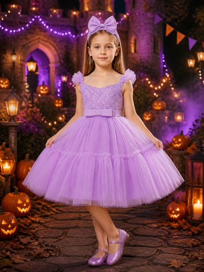Girls' Purple Princess Dress Set, Sleeveless Lace Bodice, Satin Bow, Layered Costume Dresses detail 2