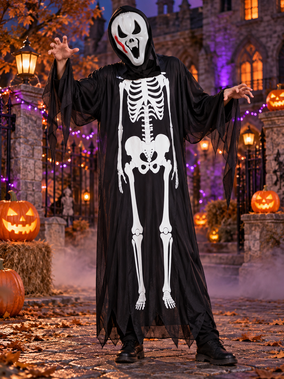 Skeleton Costume: Robe with White Print, Mask