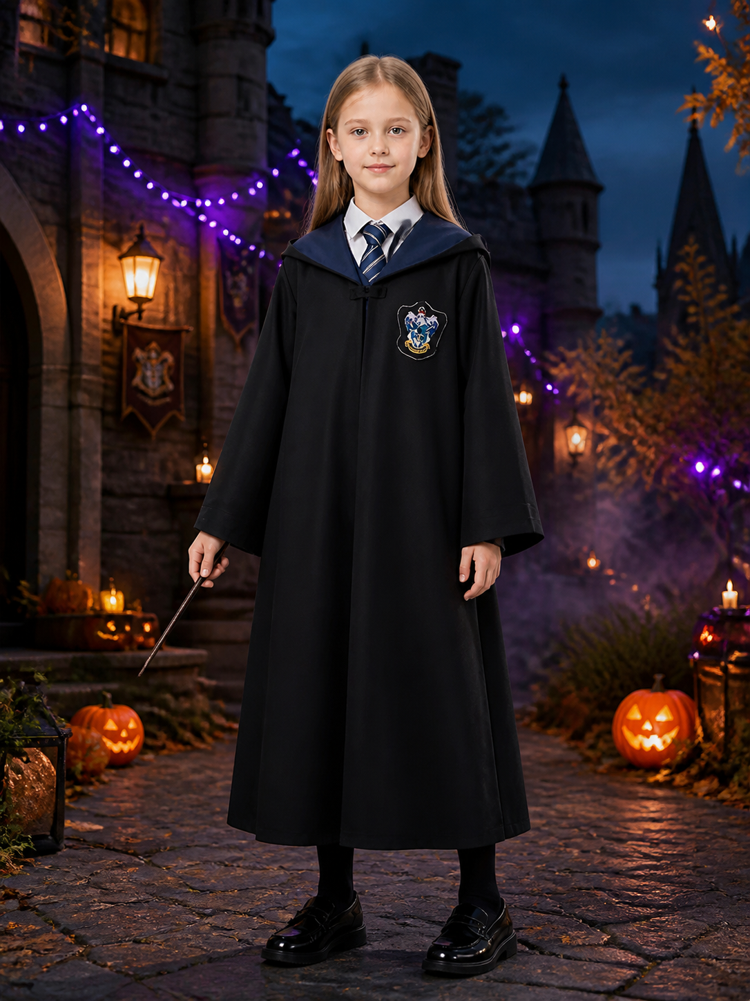 Ravenclaw Wizard Robe Costume Set with Hood, Tie and Crest Costumes detail 2