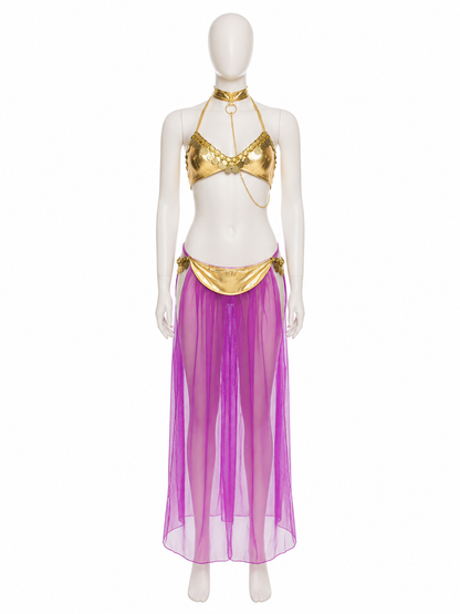 Adult Egyptian Queen Two-Piece Costume, Purple Sheer Skirt and Gold-Decorated Costumes detail 2