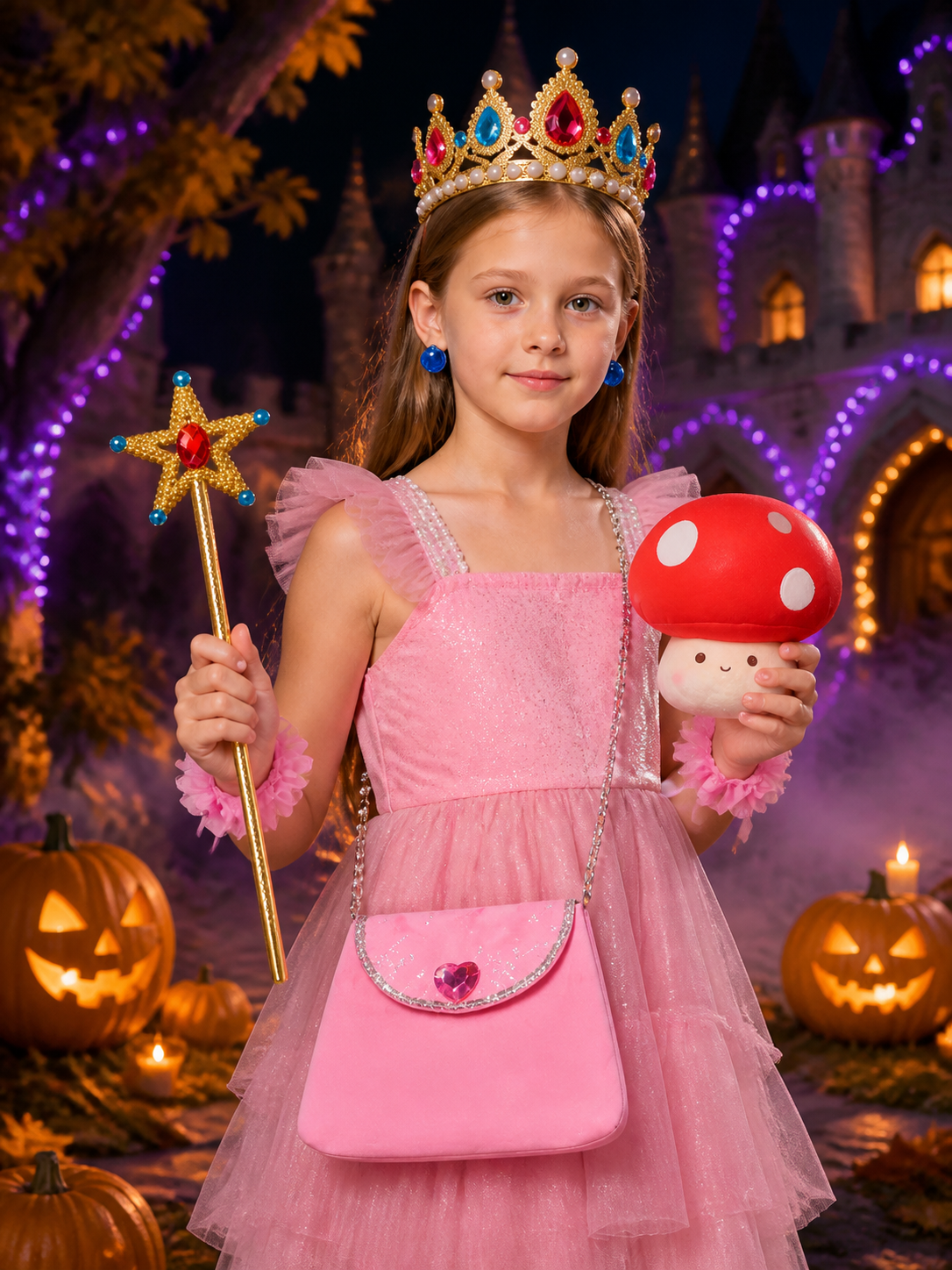 Girls Princess Halloween Costume Accessory Set With Crown, Wand, Purse And Costume Headwear detail 2