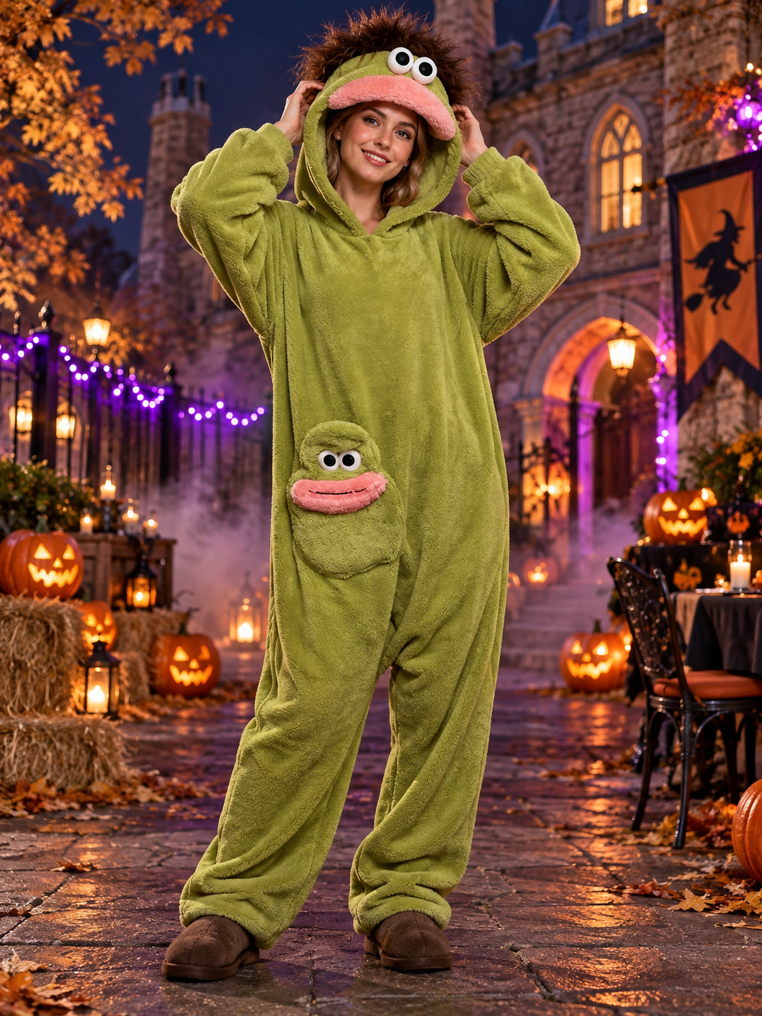 Insulated Olive Green Cartoon Pajama Jumpsuit