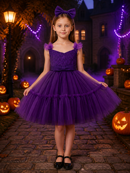 Toddler Girls' Purple Princess Dress with Layered Tulle Skirt and Bow Headband Costume Dresses detail 2