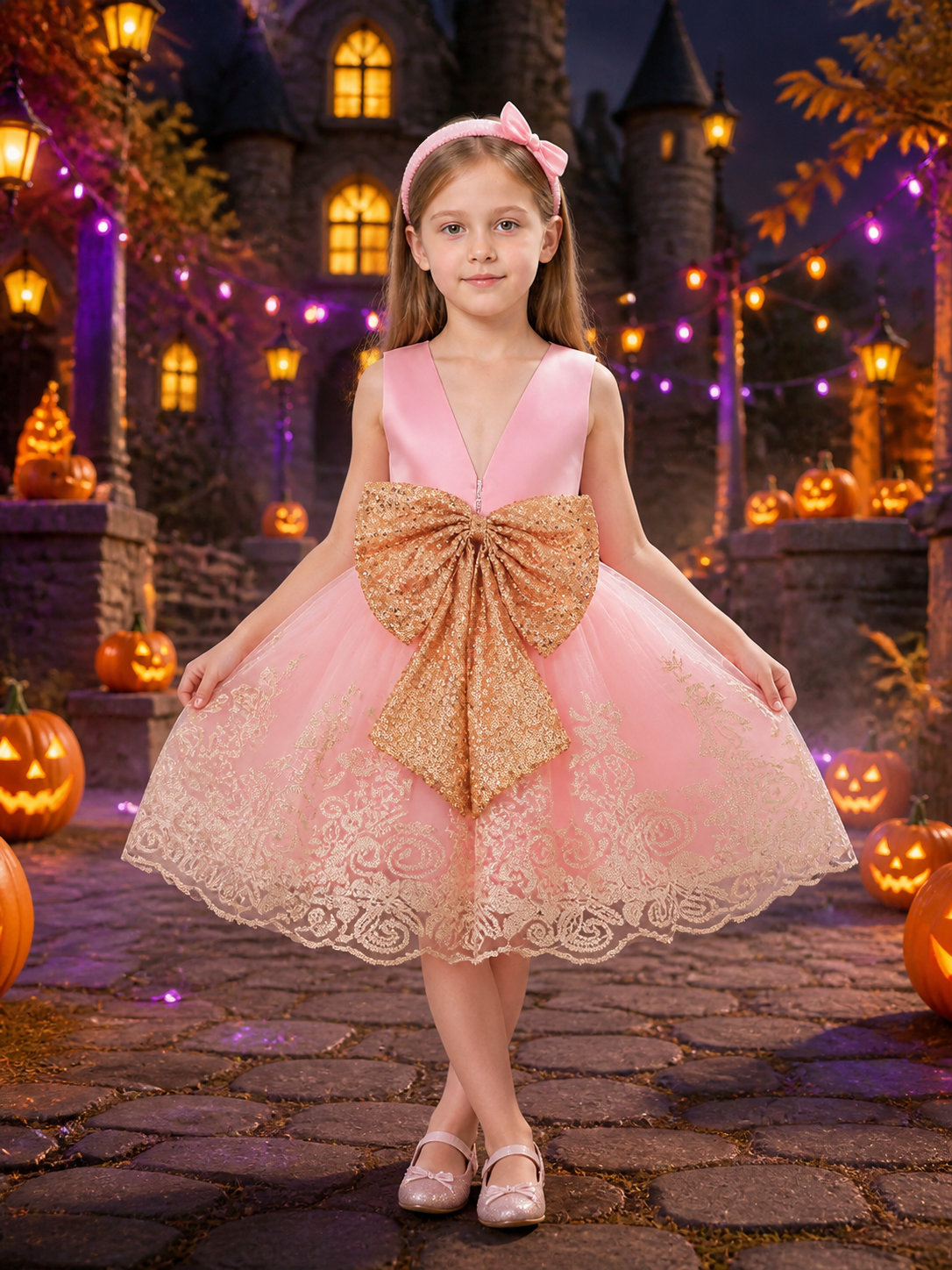 Girls' Princess Dress Set, Pink Tulle Skirt With Lace Embroidery, Gold Sequin Costume Dresses detail 2