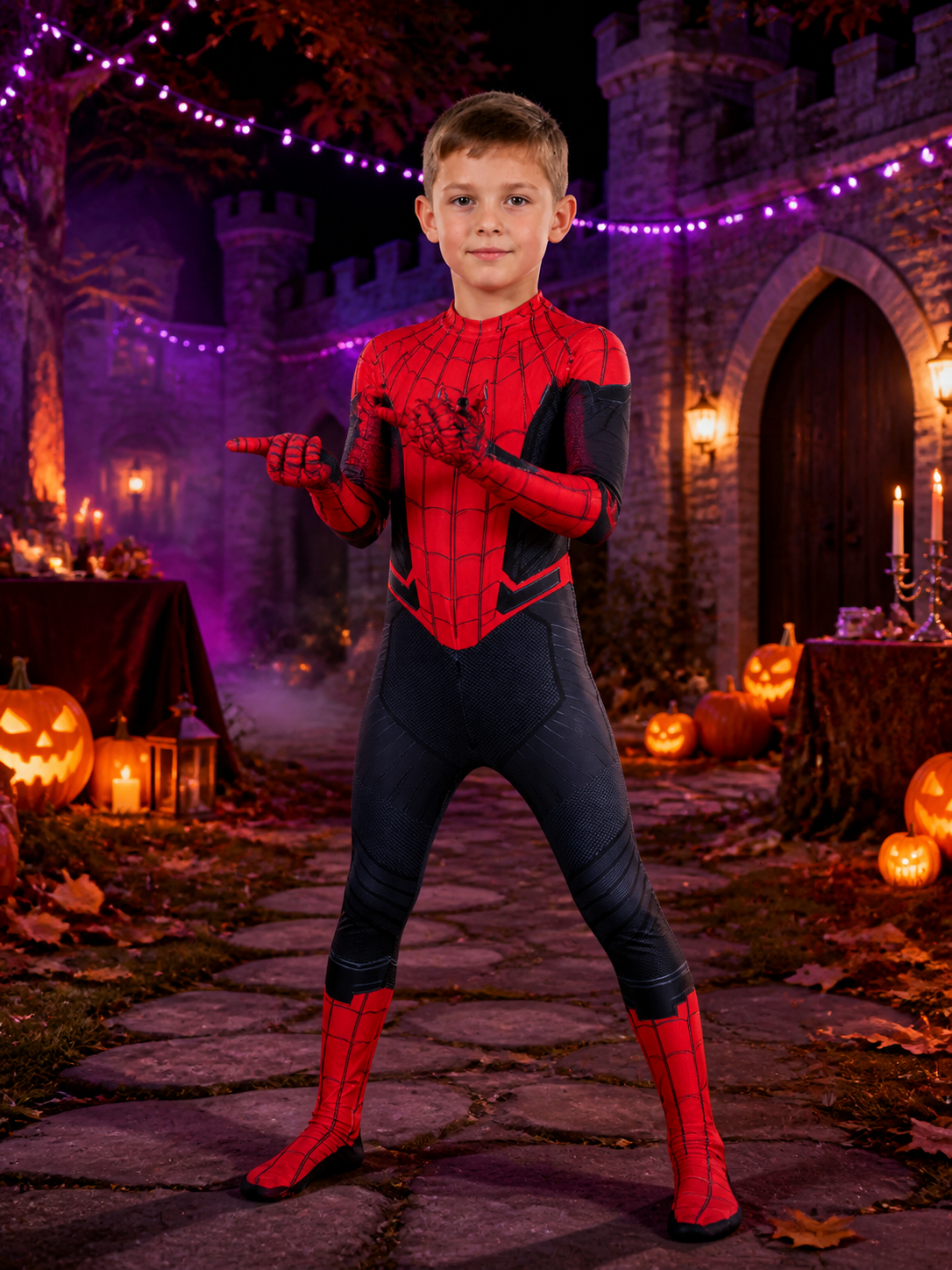 Kids' Red and Black Spider-Man Full-Body Hooded Jumpsuit Costume Costumes detail 2