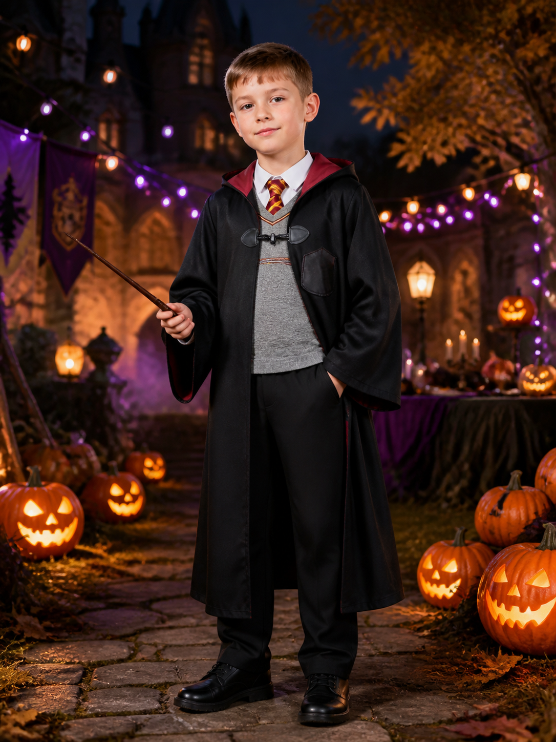 Kids Wizard Costume Set, Hooded Cape, Vest and Pants with Red-Gold Trim for Costume Capes detail 2