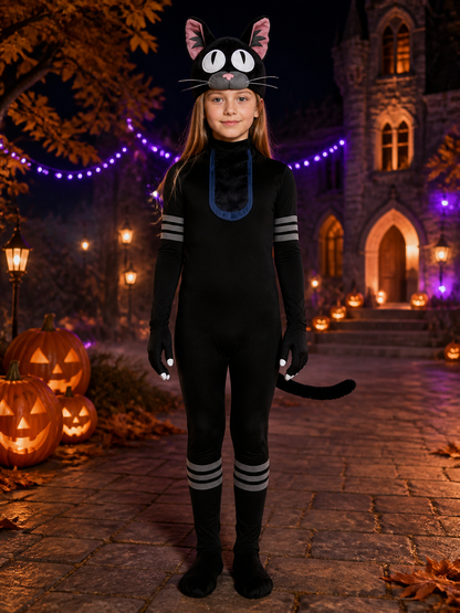 Black Cat Hooded Bodysuit Costume with Tail, Stripe Details on-model Halloween scene view