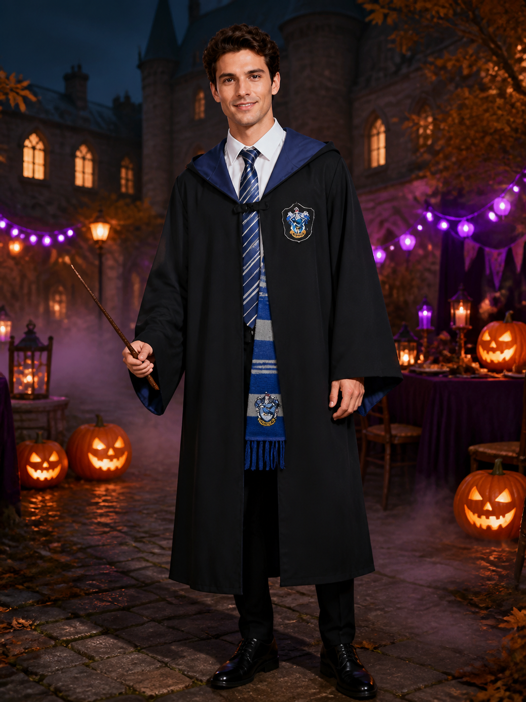 Ravenclaw Wizard Robe Costume Set with Hooded Cloak, Scarf and Tie Costume Capes detail 2