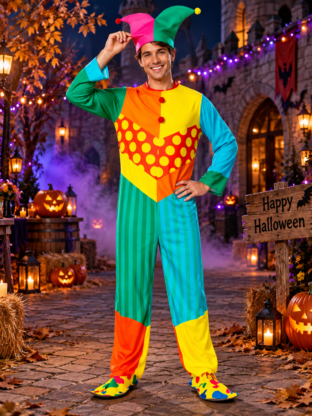 Adult Clown Costume with Pom-Poms and Bells