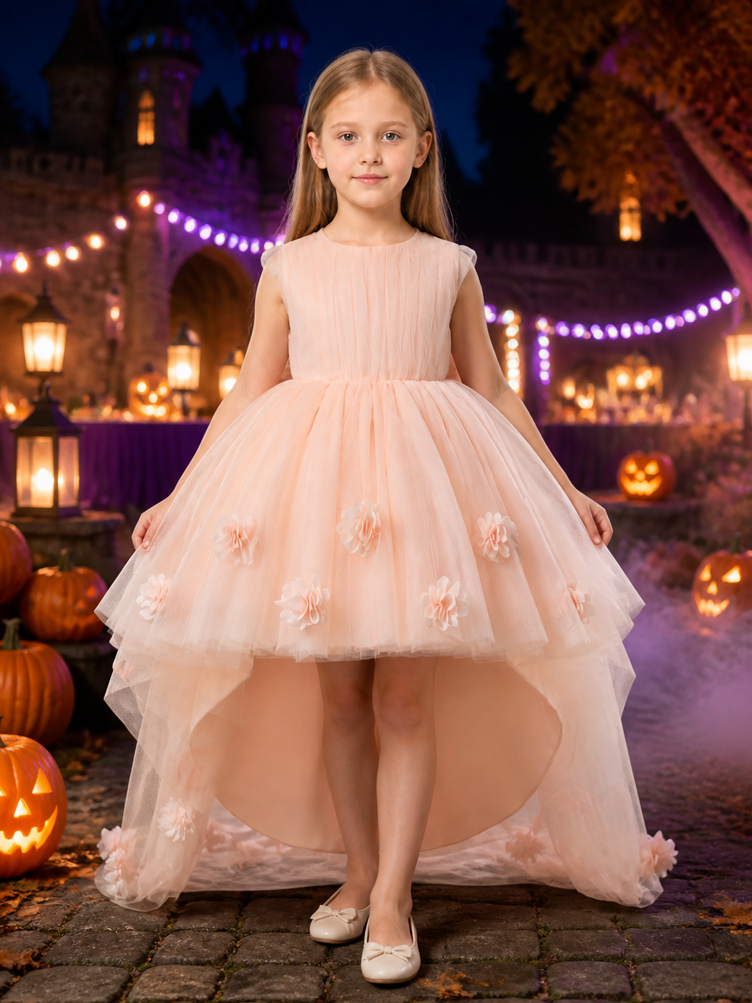 Girls' Flower Girl Princess Dress, Layered Tulle Skirt With 3D Flowers Costume Dresses detail 2