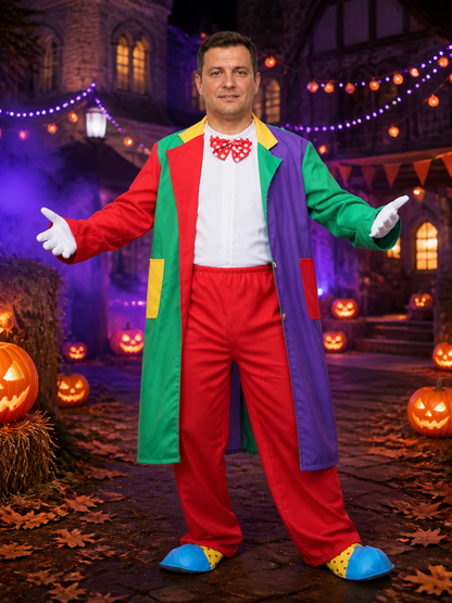 Unisex Halloween Clown Costume Set with Multi-Color Patchwork Robe, Vest, and Costumes detail 2