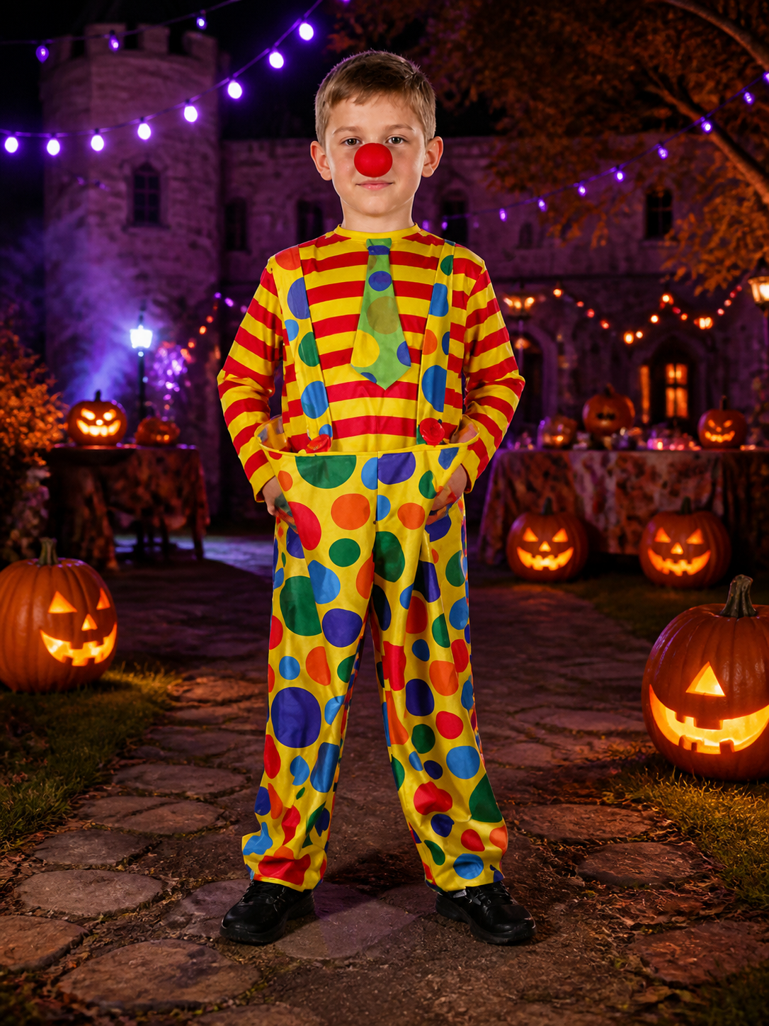 Children's Colorful Clown Costume Set, Striped Shirt, Polka Dot Suspenders and Costumes detail 2