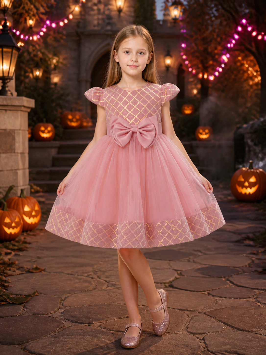 Toddler Girls' Pink Princess Formal Dress, Puff Sleeves, Oversized Bow, Gold Costume Dresses detail 2