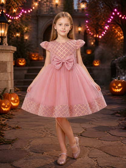 Toddler Girls' Pink Princess Formal Dress, Puff Sleeves, Oversized Bow, Gold Costume Dresses detail 2