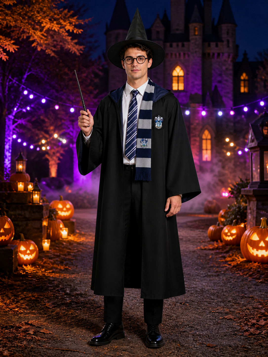 Men's Wizard Costume Set, Hooded Long Robe With Pointed Hat, Glasses, Wand And Costume Headwear detail 2