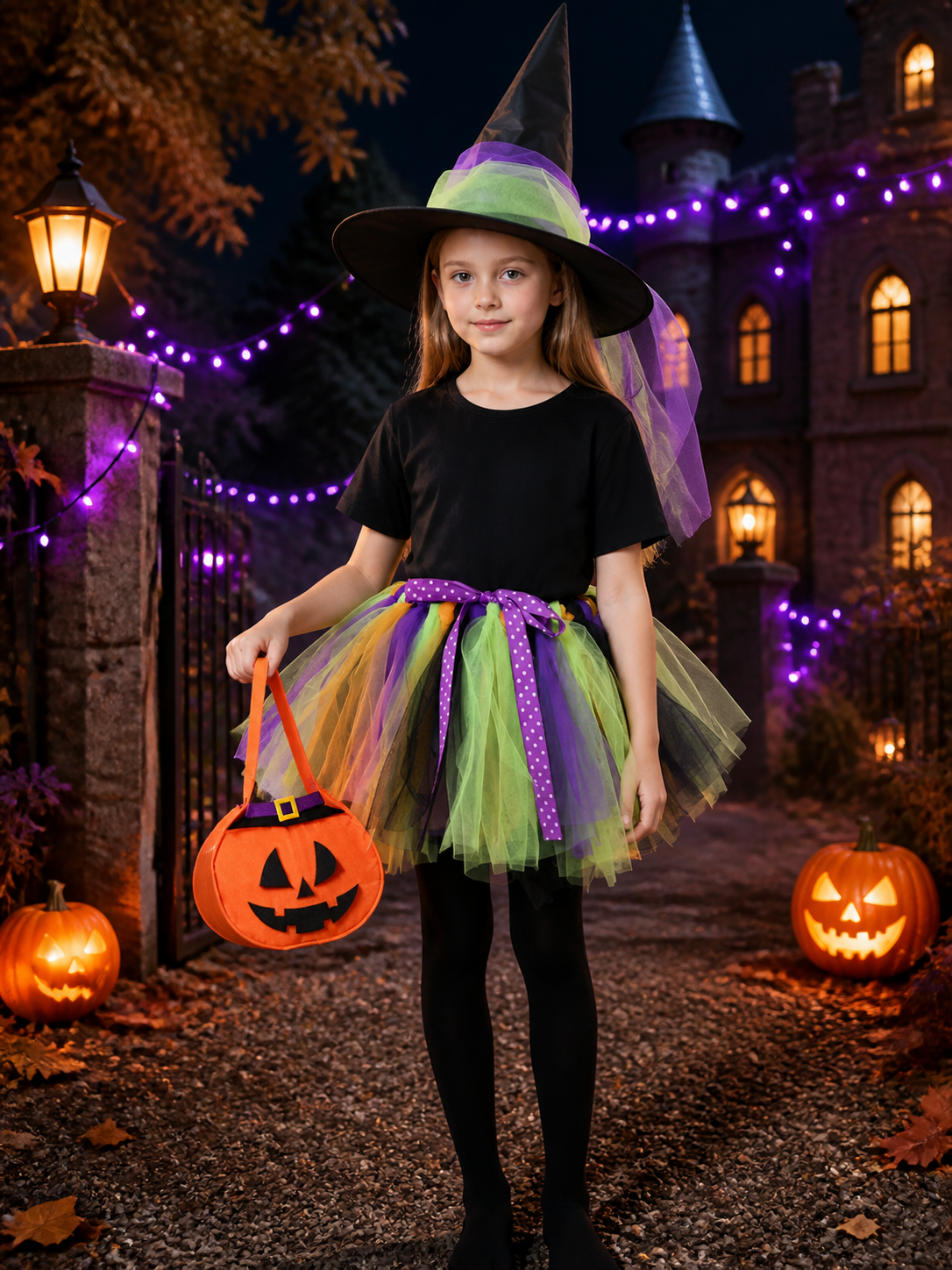 Girls' Witch Costume Set with Pointed Hat, Tutu Skirt, Pumpkin Bag and Tights Costume Headwear detail 2