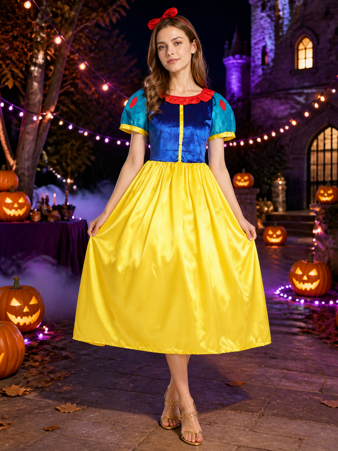 Women's Princess Cosplay Costume Dress, Blue & Yellow with Red Bow Headband and Costume Dresses detail 2
