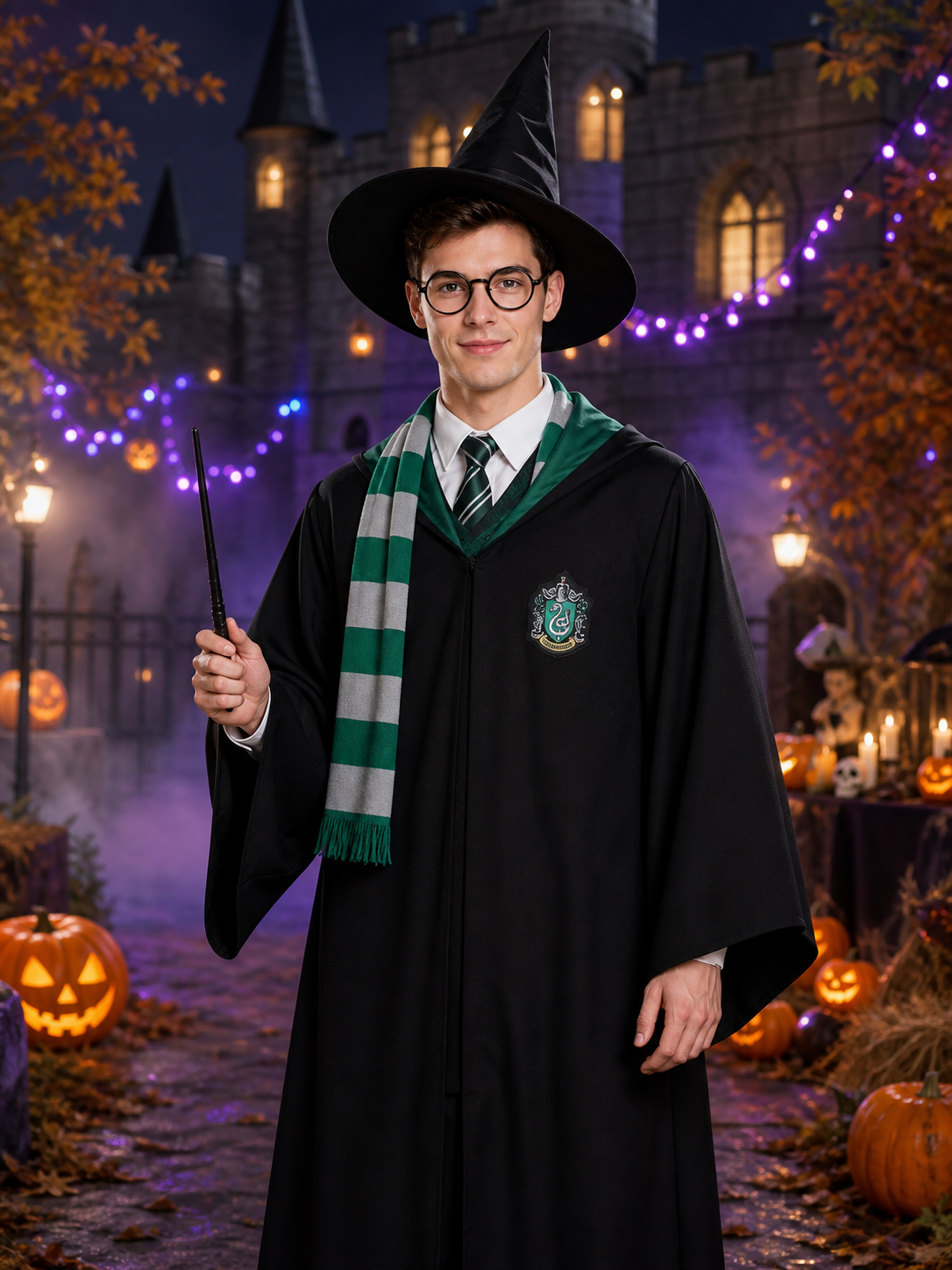 Wizard Costume Set, Hooded Robe With Hat, Scarf, Tie, Wand And Glasses, Green Costume Headwear detail 2