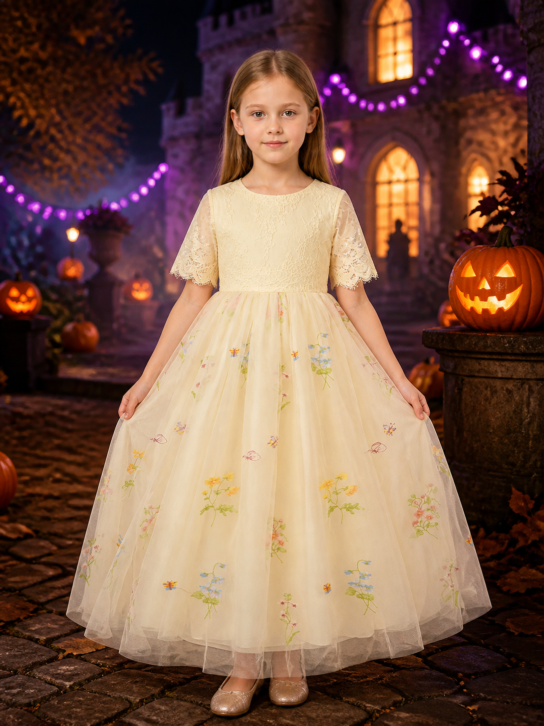 Girls' Princess Dress, Lace Bodice, Layered Tulle Skirt With Floral Butterfly Costume Dresses detail 2