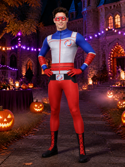 Color Block Superhero Bodysuit Costume with Eye Mask on-model Halloween scene view