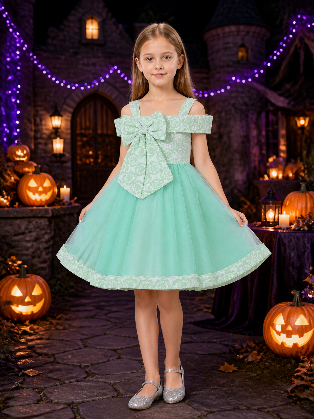 Girls' Mint Green Princess Dress with Large Bow and Jacquard Tulle Skirt Costume Dresses detail 2
