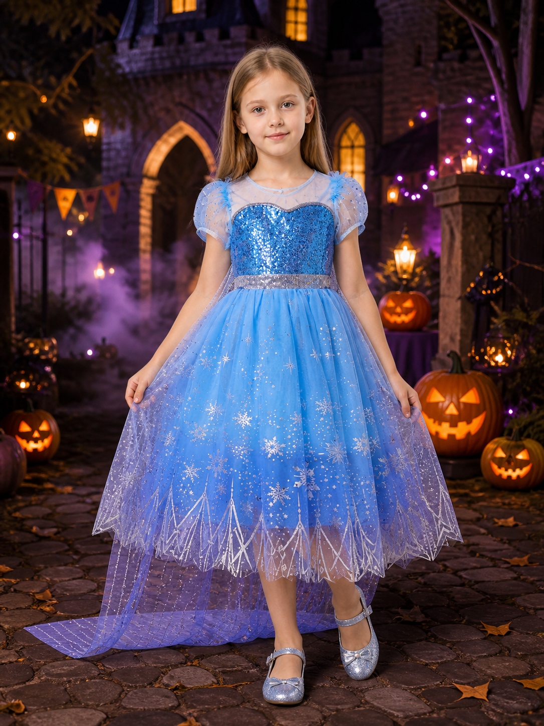 Kids Snow Queen Princess Dress, Sequined Puffy Gown with Snowflakes, Halloween Costume Dresses detail 2