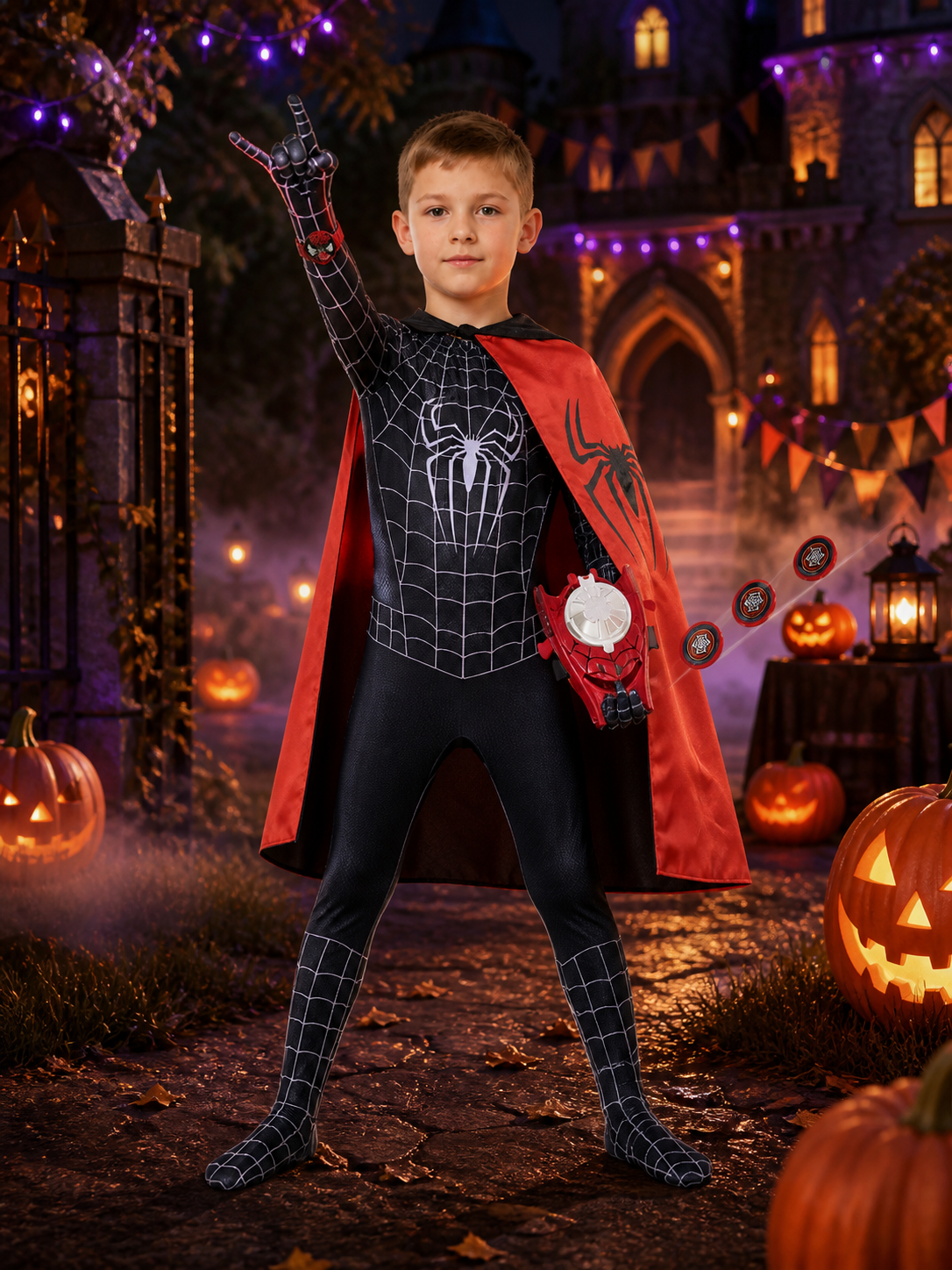 Kids' Black Spider-Themed Full-Body Bodysuit Costume With Cape And Web Shooter Costume Capes detail 2