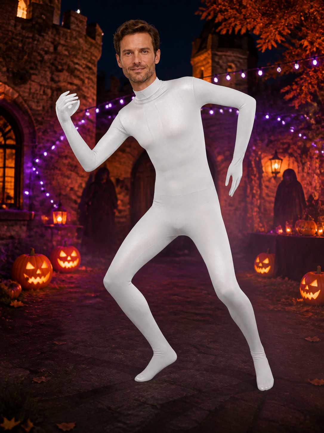 Men's White Invisible Man Full Body Suit Halloween Costume on-model Halloween scene view