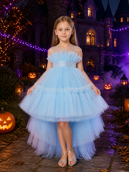 Girls' Light Blue Princess Dress, Layered Tulle Train Skirt With Sequined Costume Dresses detail 2