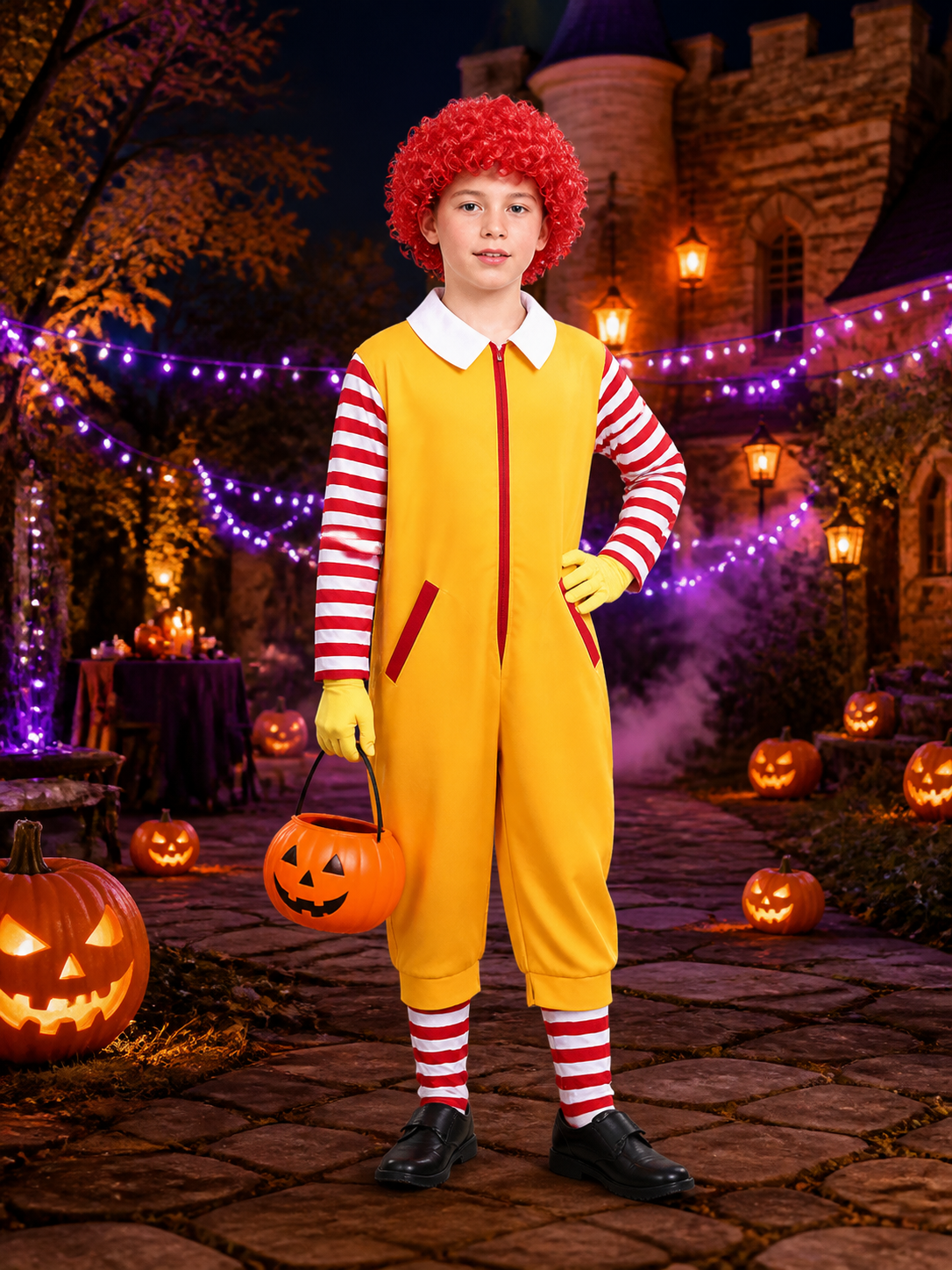 Clown Jumpsuit Costume, Red White and Yellow Striped Halloween Cosplay Outfit Costumes detail 2