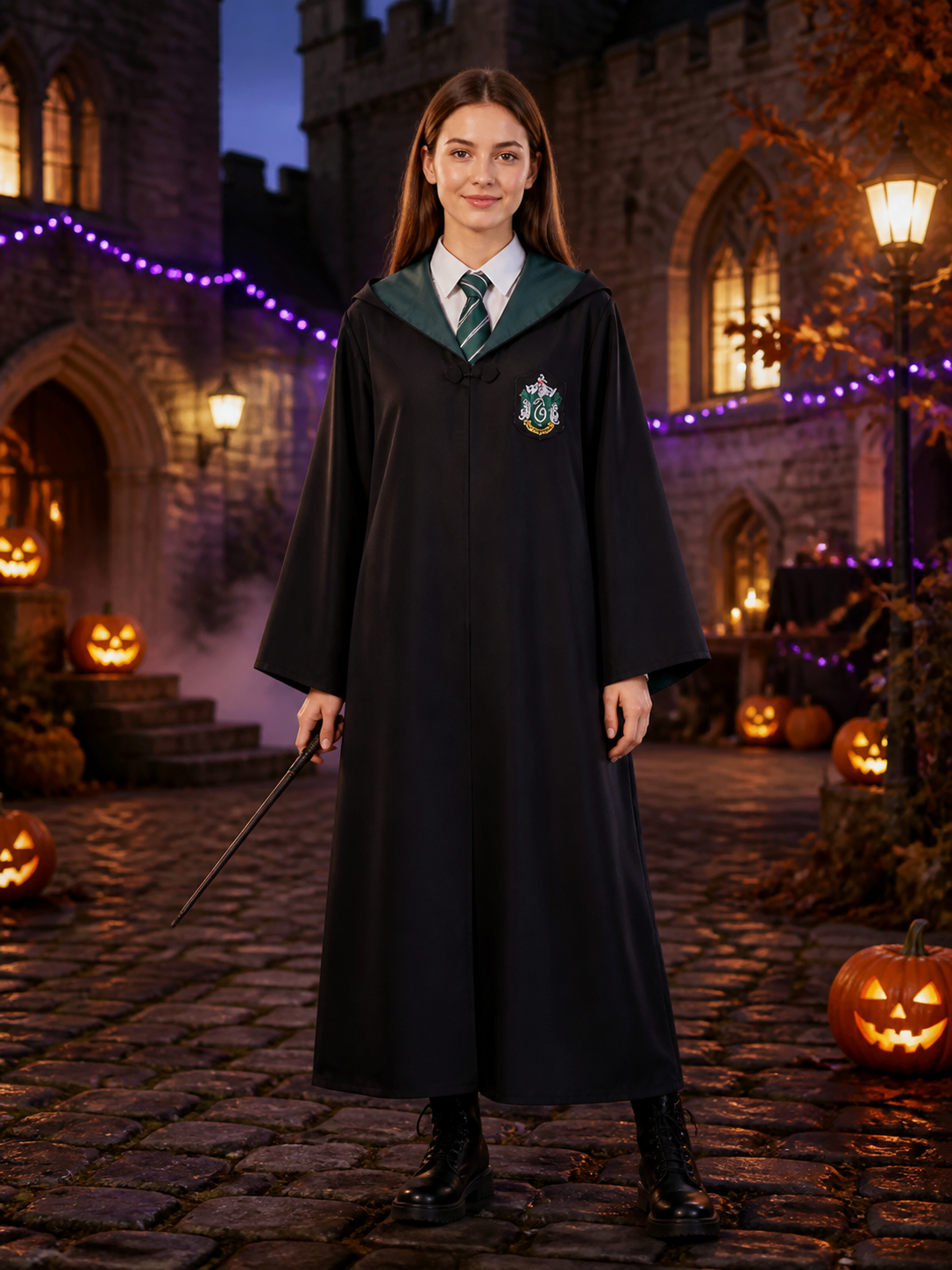 Slytherin Wizard Robe Costume Set with Tie, Hooded Halloween Outfit Costumes detail 2