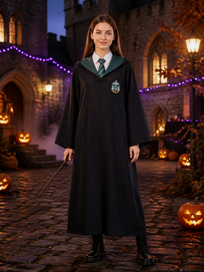 Slytherin Wizard Robe Costume Set with Tie, Hooded Halloween Outfit Costumes detail 2