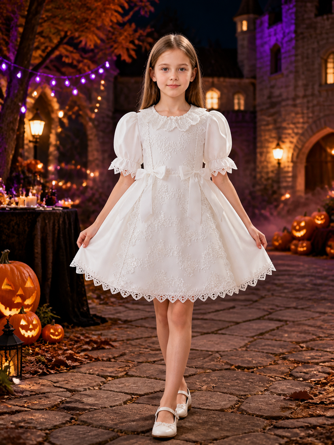Baby Girls White Lace Princess Dress With Puff Sleeves And Bow Ribbons Costume Dresses detail 2