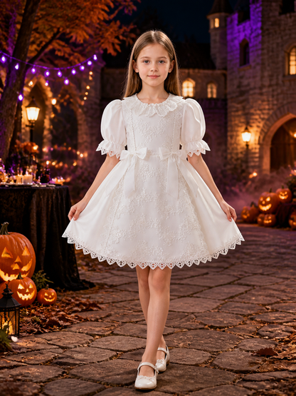 Baby Girls White Lace Princess Dress With Puff Sleeves And Bow Ribbons Costume Dresses detail 2