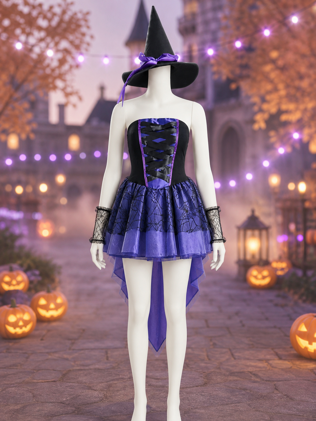 Women's Sexy Witch Costume Set with Hat and Lace Gloves, Black and Purple Costume Headwear detail 2