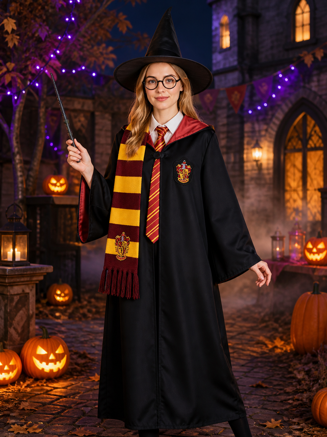 Red and Yellow Striped Wizard Robe Costume Set with Hat, Tie, Scarf, Glasses and Costume Headwear detail 2
