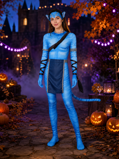 Blue Avatar-style cosplay costume with apron and tail at a Halloween party