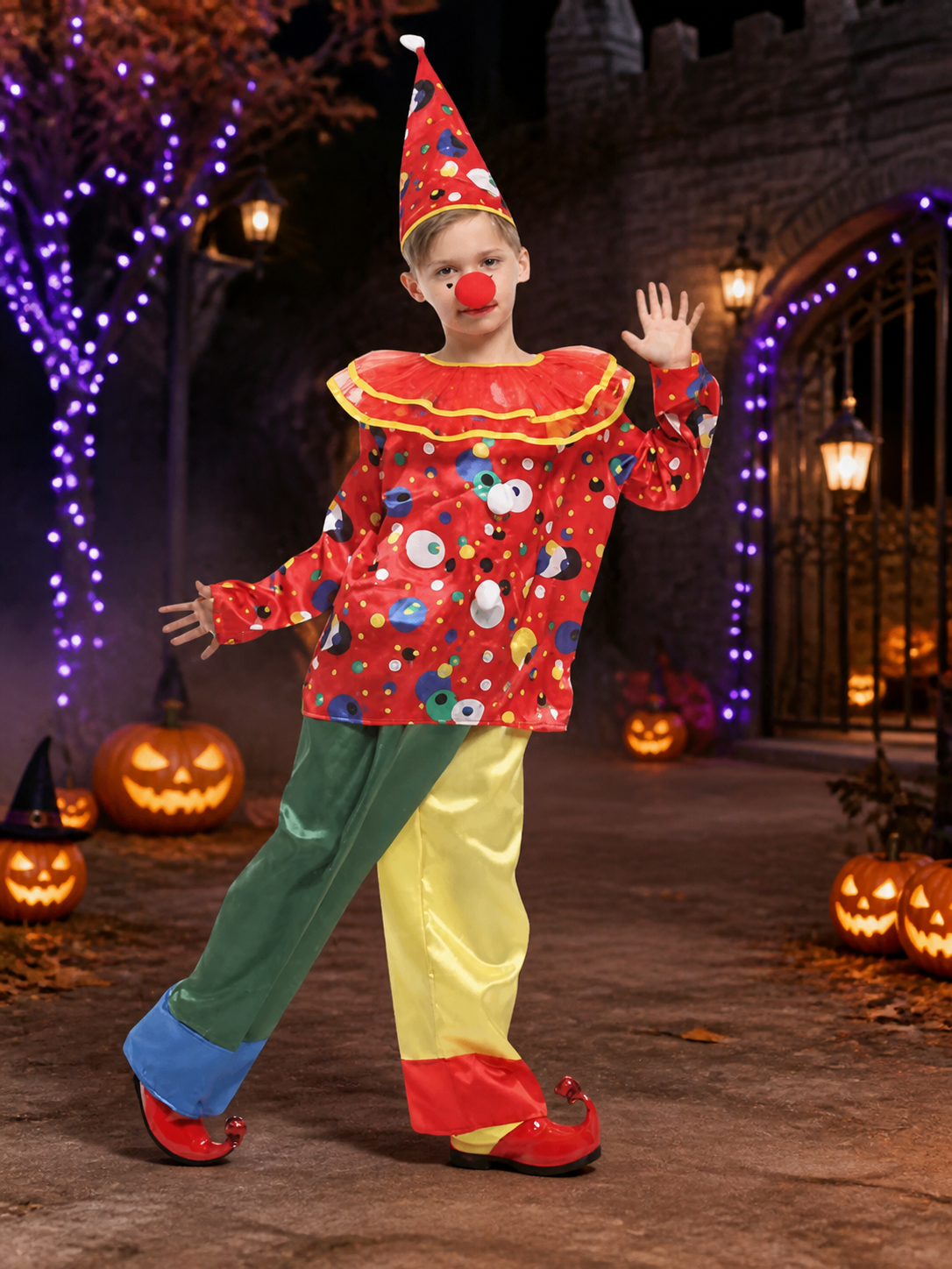 Kids' Colorful Clown Circus Costume Set with Hat and Nose, Halloween Cosplay Costume Headwear detail 2