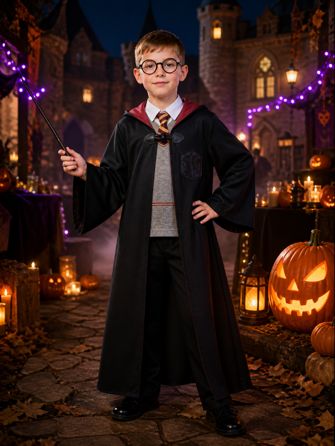 Children's Wizard Costume Set With Hooded Robe, Vest, Pants And Glasses Costumes detail 2