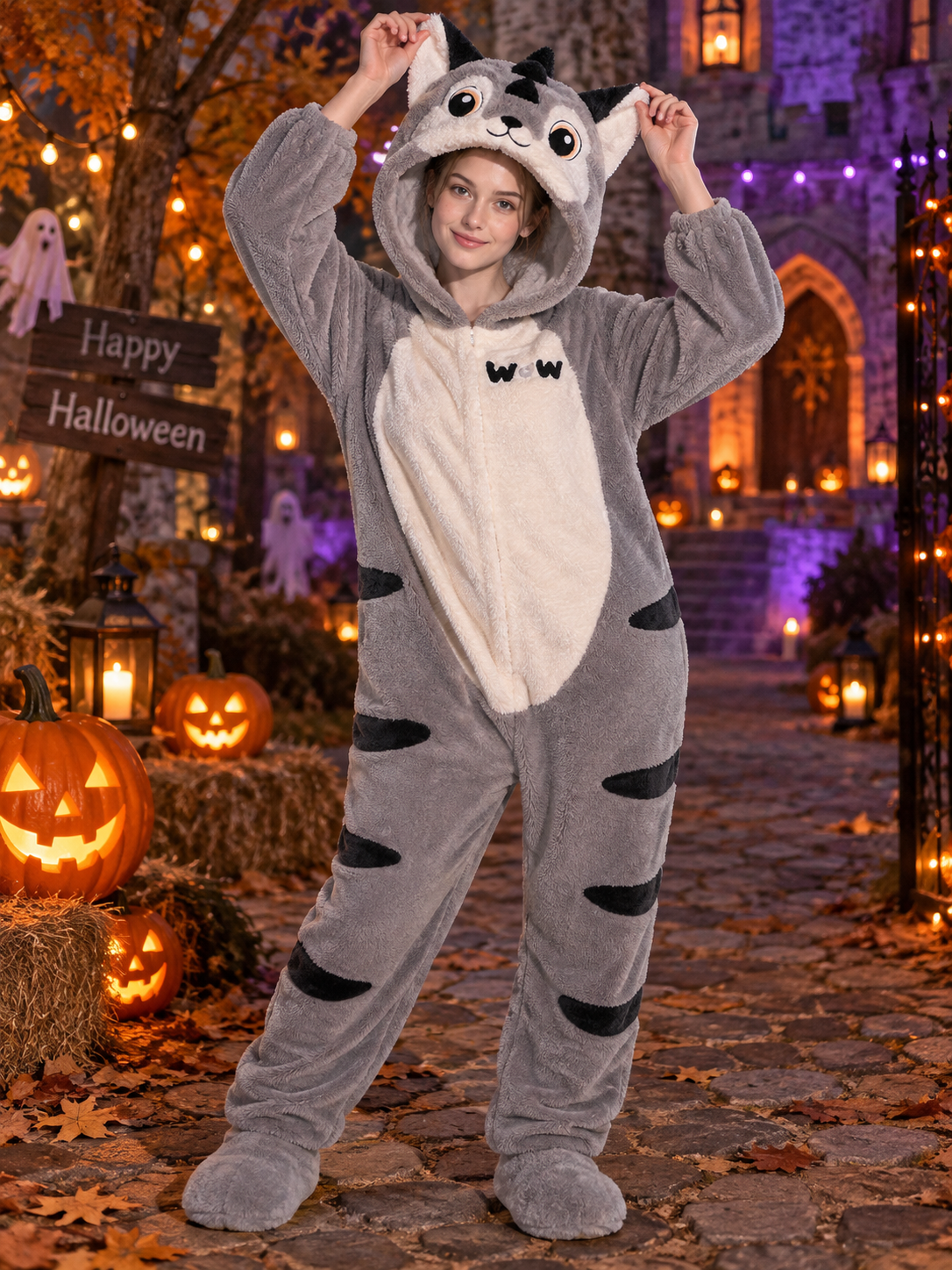 Gray hooded zip-up pajama jumpsuit with ears