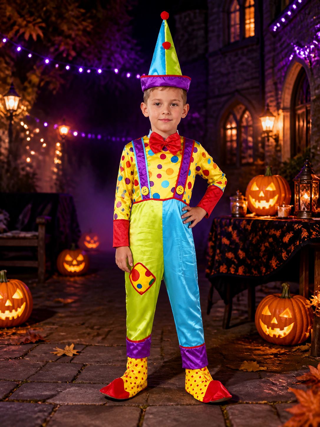 Kids' Colorful Clown Jumpsuit Costume Set with Polka Dots and Pointed Hat Costume Headwear detail 2