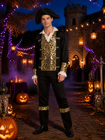 Adult Pirate Costume Set With Baroque Gold Trim, Hat, Shirt And Pants Costume Headwear detail 2