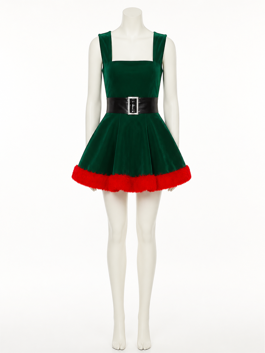 Women's Green Christmas Tree Princess Dress with Red Fur Trim and Black Belt