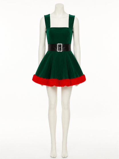 Women's Green Christmas Tree Princess Dress with Red Fur Trim and Black Belt