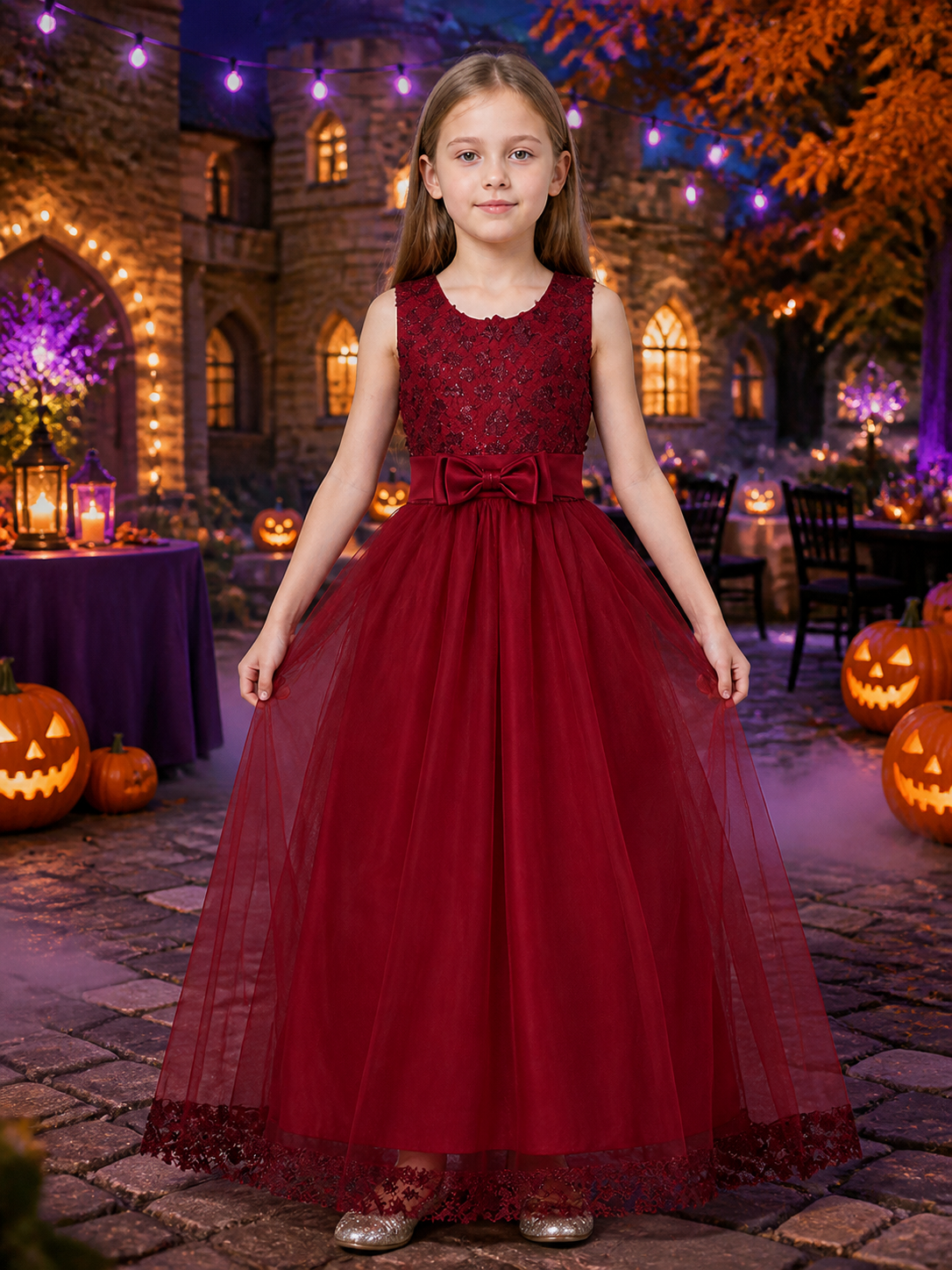 Red Princess Formal Dress, Sleeveless Lace Bodice, Layered Tulle Skirt Costume Dresses detail 2