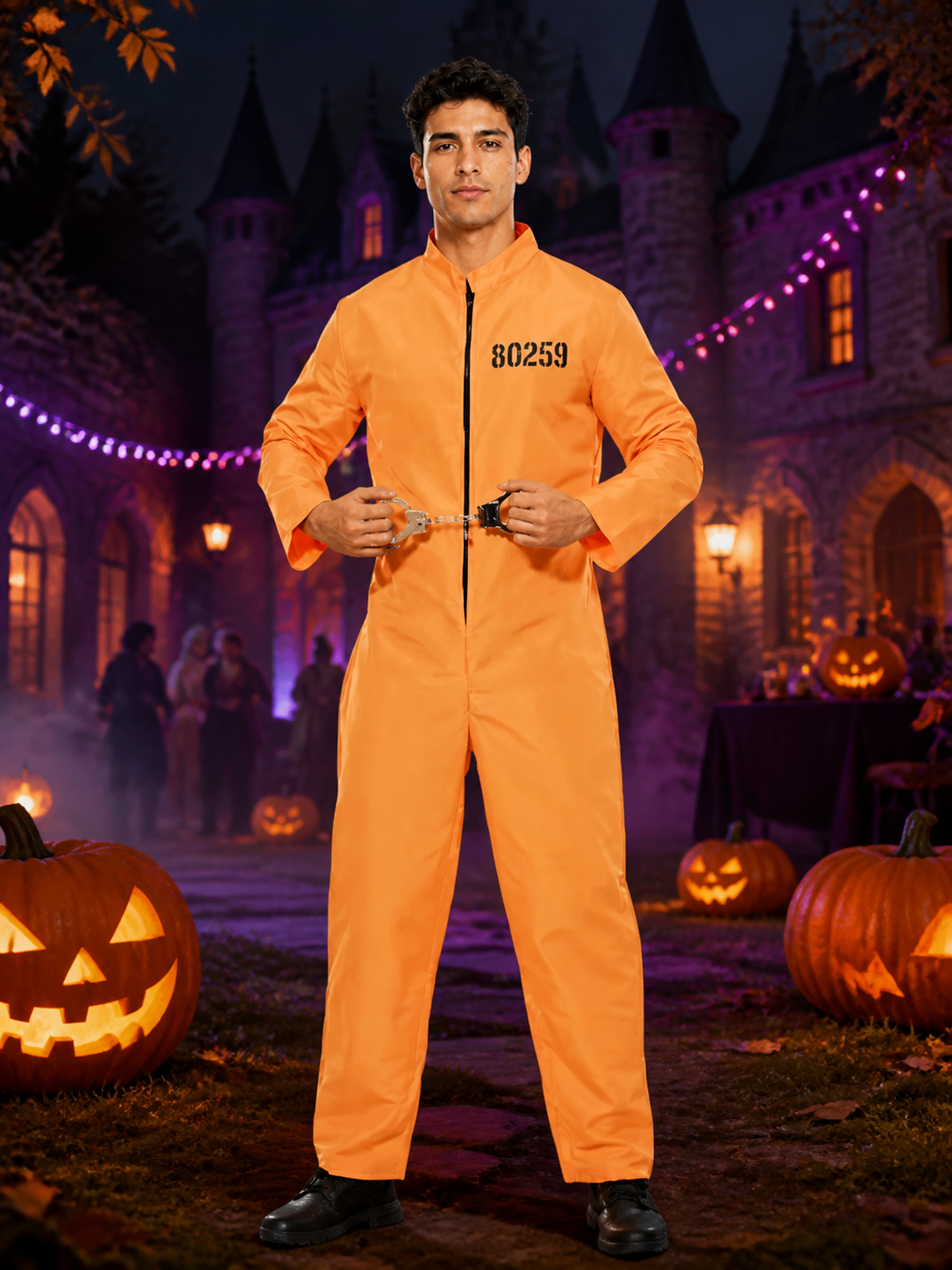Orange Prisoner Jumpsuit Costume with Handcuffs, Front-Zip Halloween Cosplay Costumes detail 2
