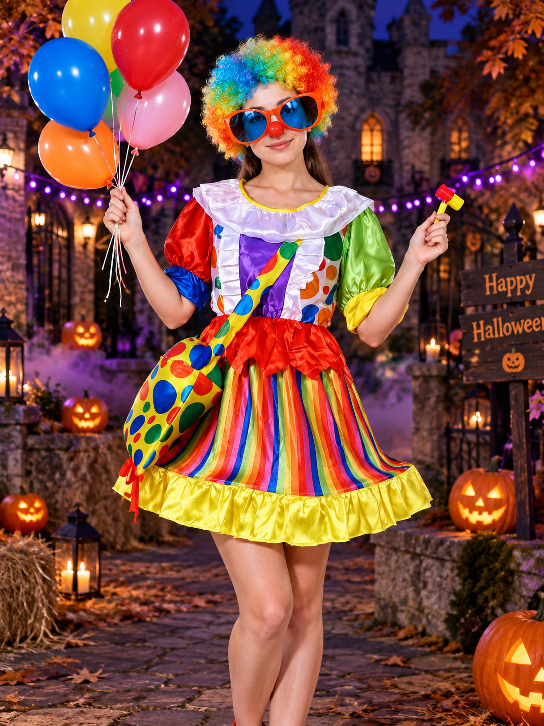 Clown Carnival Costume: Rainbow Dress and 9 Accessories