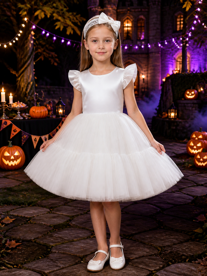 Girls' White Princess Dress With Puff Sleeves, Bow Details And Layered Tulle Costume Dresses detail 2