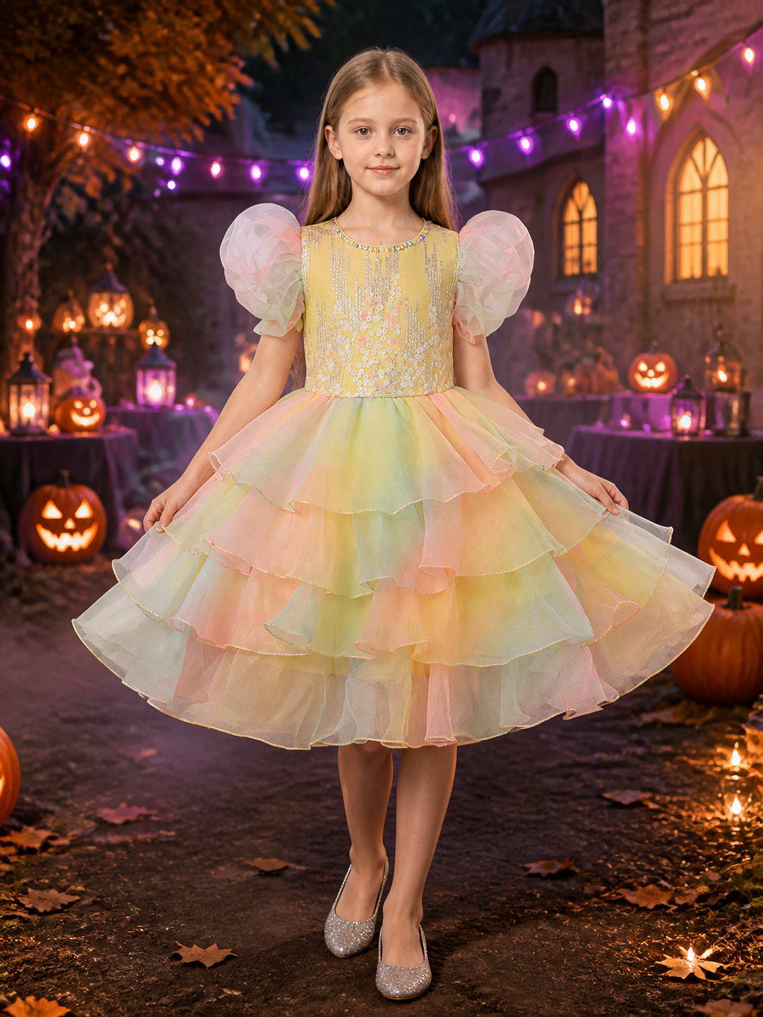 Girls' Multicolor Gradient Princess Formal Dress with Sequined Beaded Bodice and Costume Dresses detail 2