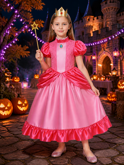 Kids Princess Costume Set With Pink Lace Ruffle Ball Gown, Crown And Star Magic Costume Dresses detail 2